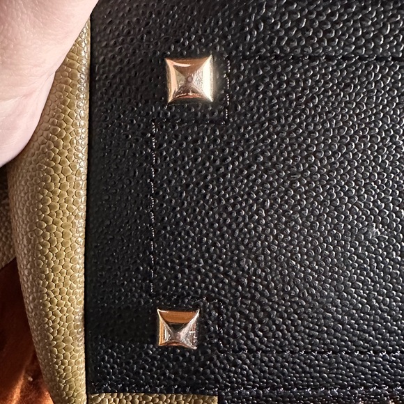 Henri Bendel Carlyle Bag- Army Green/Black Pebbled Leather and Gold Studs - Picture 8 of 9